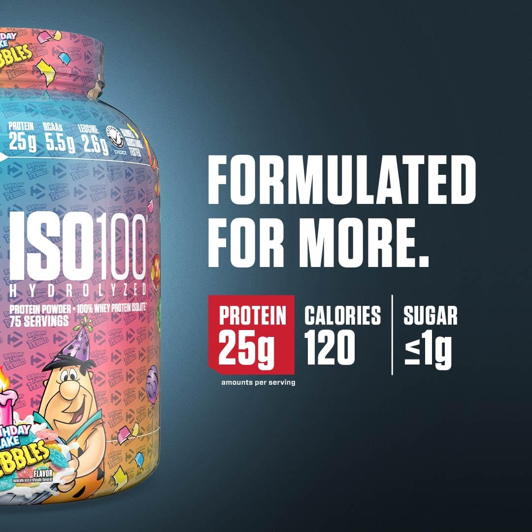 Dymatize ISO100 Whey Protein Powder Isolate, Birthday Cake, 25g of Protein, 5 Pound, 5.5g BCAAs, Less Than 120 Cal., Gluten Free, 1g Fat, 1g Sugar, 2g Carb (75 Servings)
