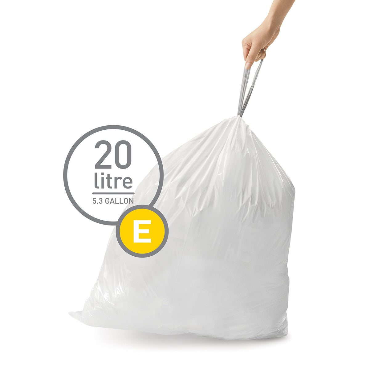 simplehuman Code E 100 Count, Dispenser Pack Custom Fit Liners, Drawstring Trash Bags, 20 Liter / 5.3 Gallon, White