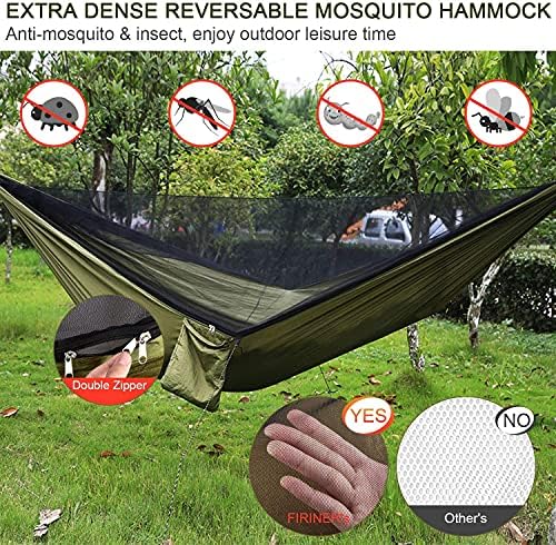 Camping Hammock with Rain Fly Tarp and Mosquito Net Tent Tree Straps, Portable Single Double Nylon Parachute Hammock Rainfly Set for Backpacking Hiking Travel Yard Outdoor Activities Green