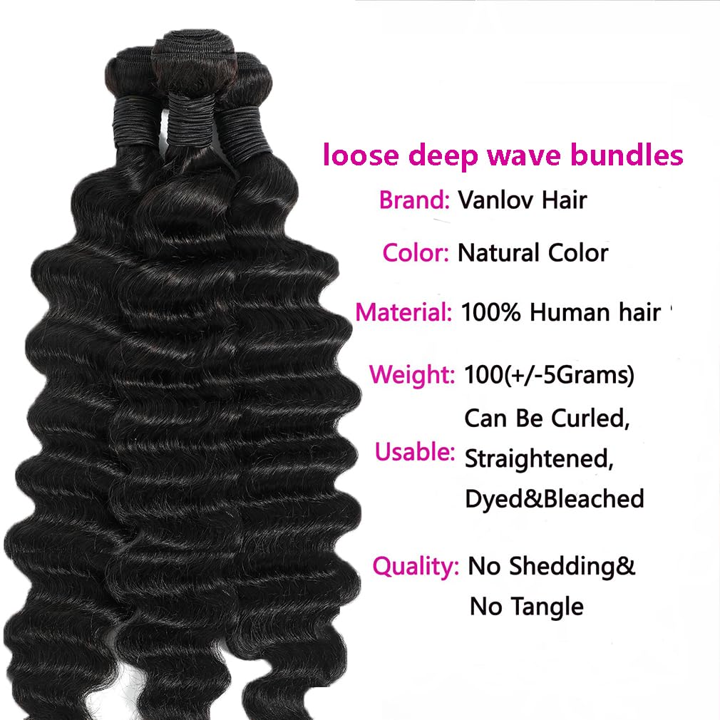 Human Hair Bundles 20 22 24 Inch Loose Deep Wave Human Hair 3 Bundles 100% Unprocessed Brazilian Virgin Human Hair Extensions 12A Grade Human Hair Extensions