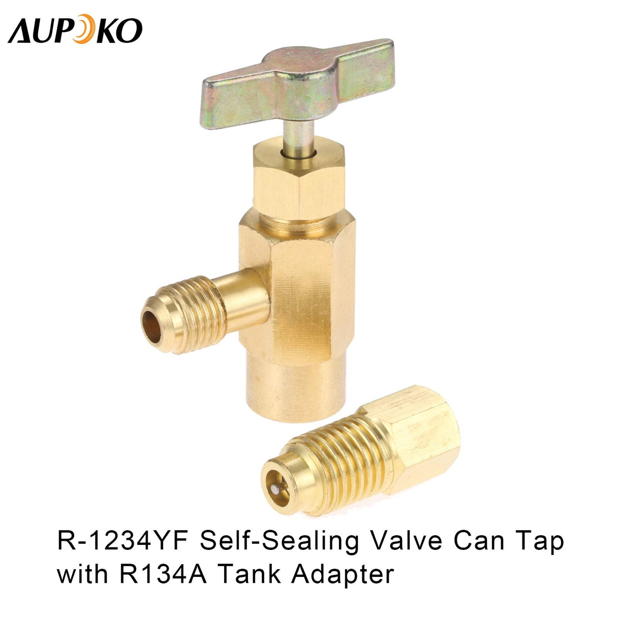 R1234YF Self-Sealing Can Tap with R134A Tank Adapter, 1/2’’ to 1/4’’ SAE Refrigerant Can Bottle Tap Opener with 1/4’’ SAE Female and 1/2’’ Male Adapter