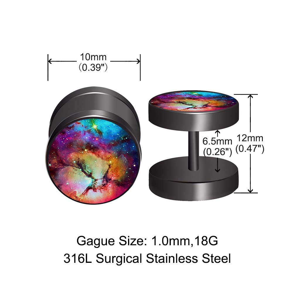 FLYUN Earrings For Men, Fake Gauge, Flat Back, Mens Men's Faux Gauge Fake Plug 6Pairs Galaxy Surgical Steel Black Stud Screw Earrings (Green)
