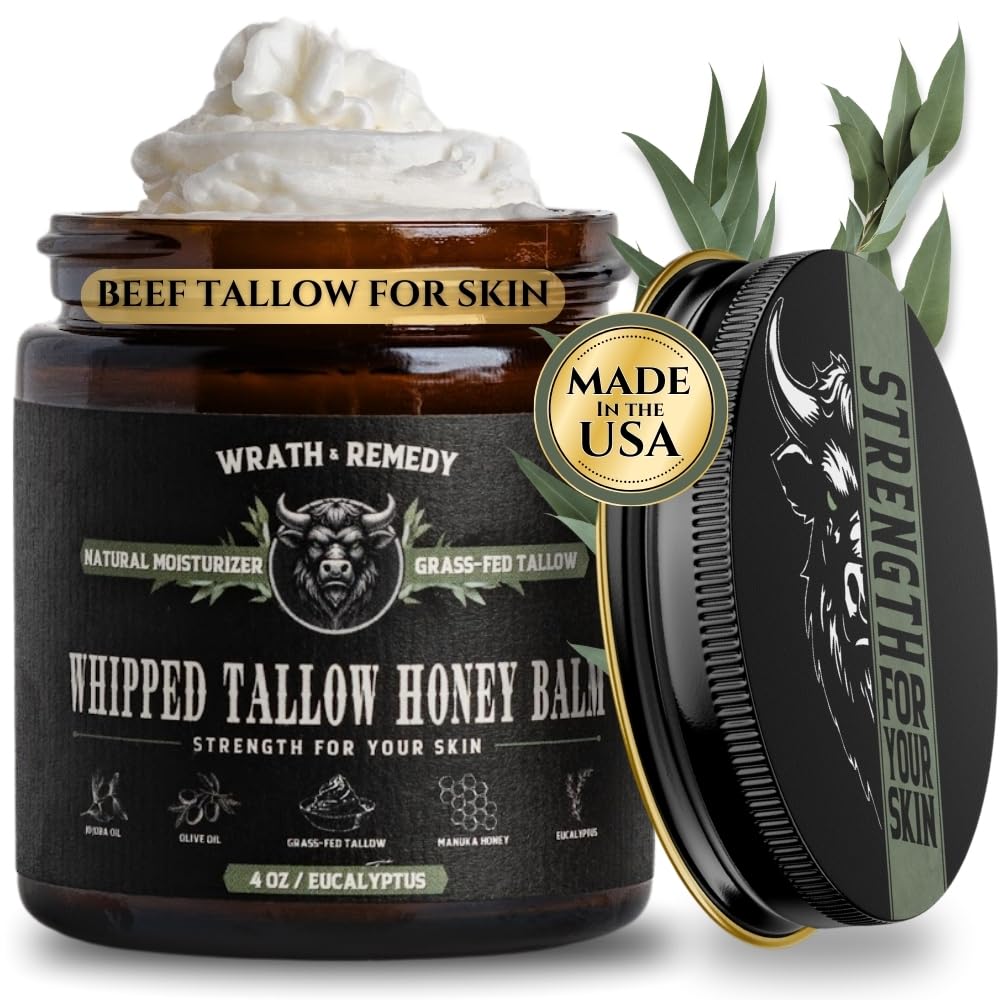 Wrath & Remedy Handmade Whipped Organic Beef Tallow for Skin - 4 OZ (Eucalyptus) — Grass Fed Beef Tallow Moisturizer and Honey Balm for Silky, Sensitive-Skin, Eczema, Rosacea - Free of Harsh Chemicals