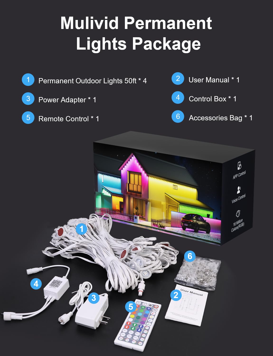 MuliVid 200Ft Permanent Outdoor Lights for House, RGB Halloween House Light Outdoor with Remote APP Control,IP67 Waterproof for Outside Decorations,Eaves Lights for Christmas, Holiday, Party, Daily