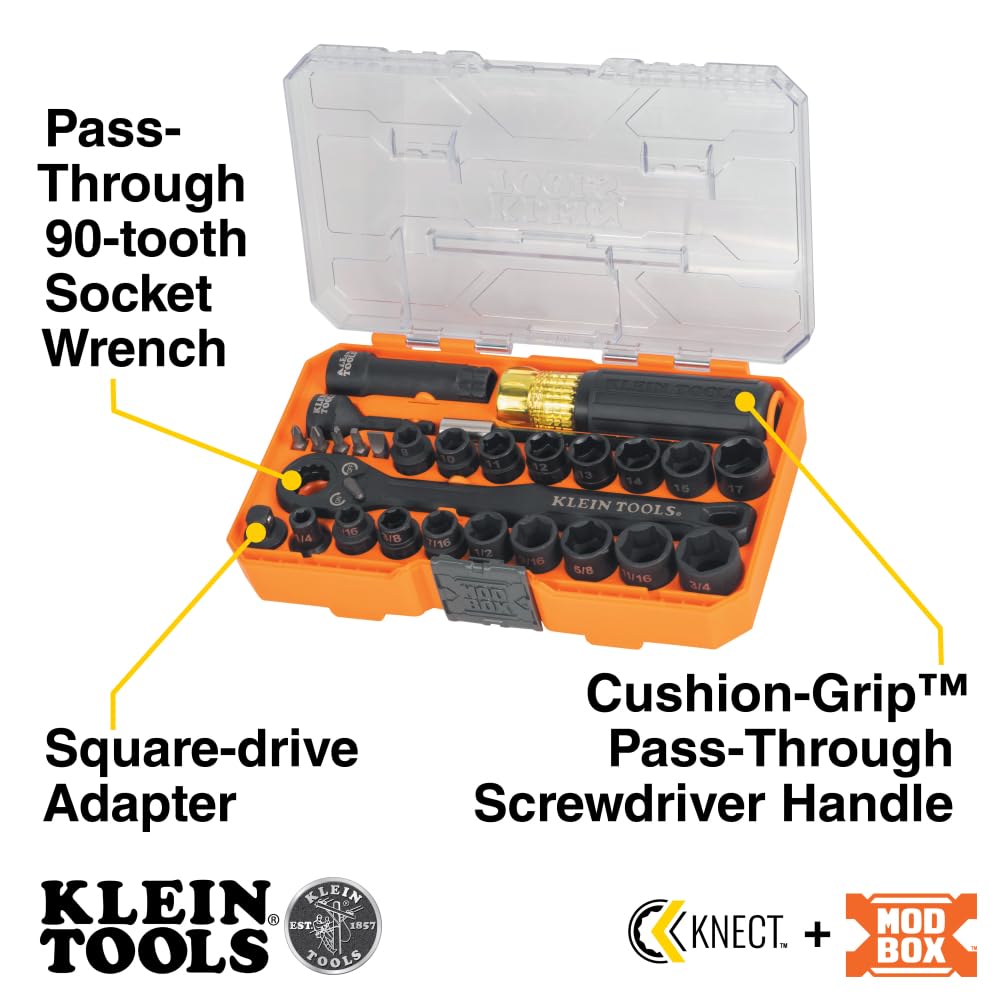 Klein Tools 65400KNECT KNECT Essential Pass Through Impact Socket Set, SAE and Metric, 90-Tooth Ratchet, MODbox Case, 3/8-Inch Drive, 28-Piece