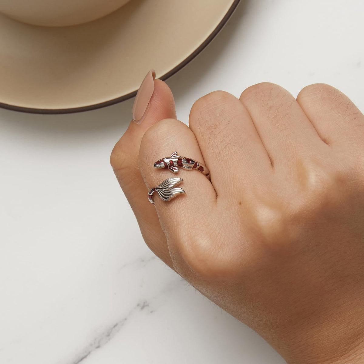 VOROCO Sterling Silver adjustable Rings Gold Plating trendy personality Fish Rings for Women and (koi fish)