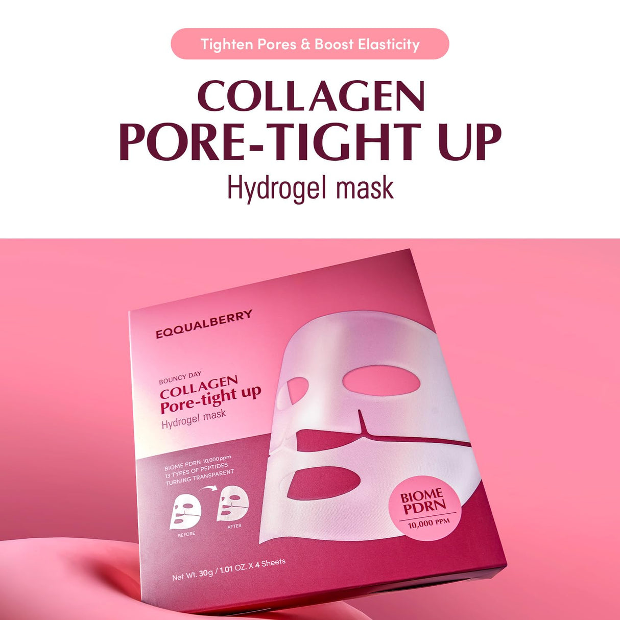 EQQUALBERRY Collagen Pore-Tight Up Mask - PDRN & Low Molecular Collagen for Pore Minimizing and Firming | Korean Collagen Face Mask for Glass Skin, 4 Sheets, 1.01 OZ.