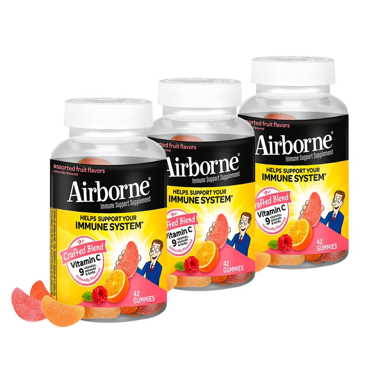 Airborne 750mg Vitamin C Immune Support Supplement Gummies for Adults, Assorted Fruit Flavor, Gluten Free Crafted Blend with Powerful Antioxidants Vitamins A C & E, 42 Gummies (3 Pack)