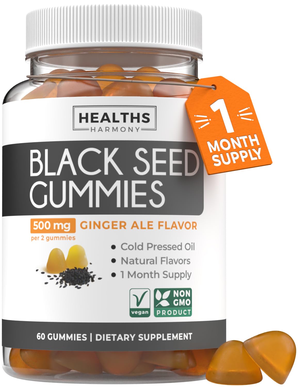 Black Seed Oil Gummies - Natural Ginger Ale Flavor (Non-GMO & Vegan) Cold-Pressed Nigella Sativa Producing Pure Black Cumin Seed Oil - 500mg Per 2 Gummy Serving