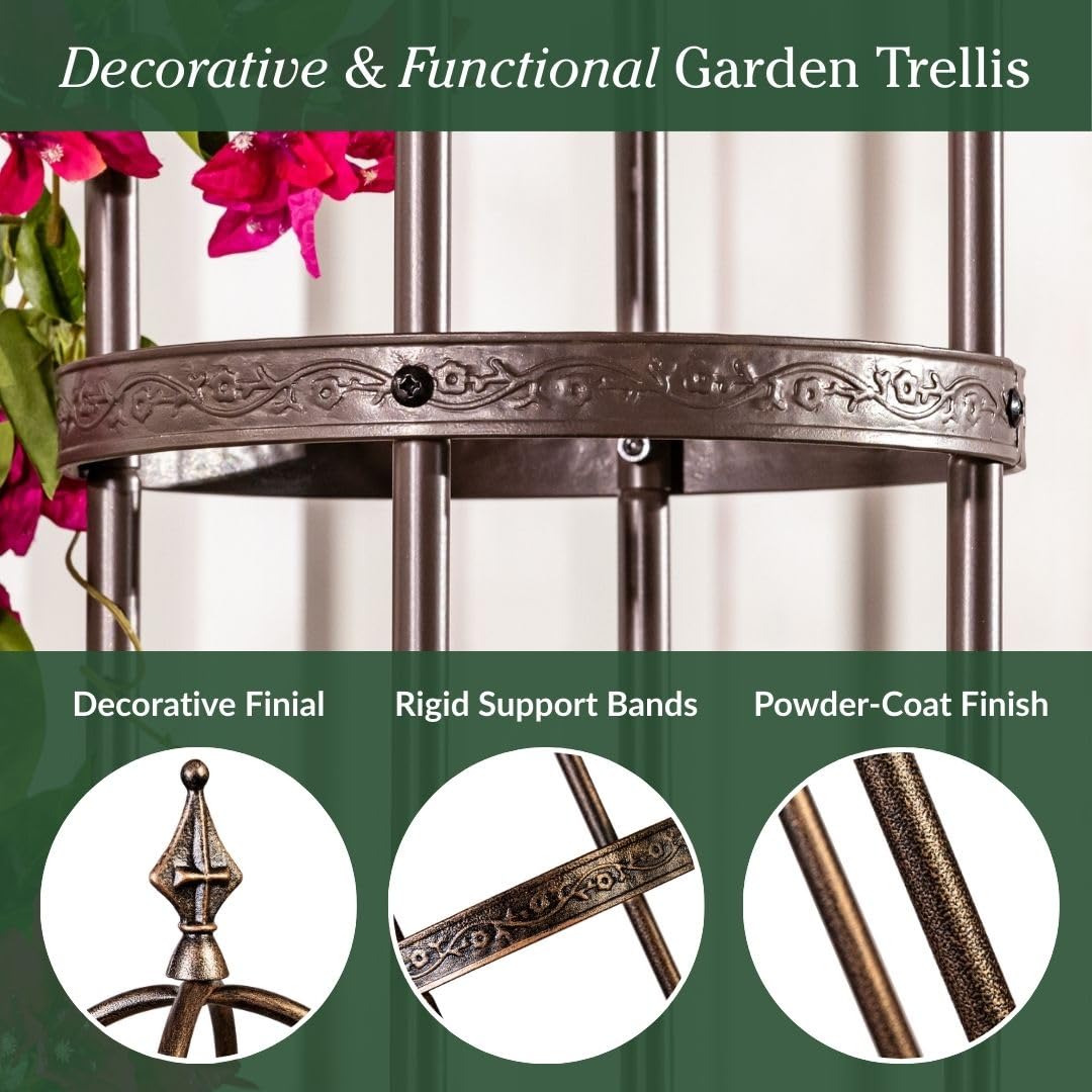 Plow & Hearth Metal Garden Obelisk | Indoor/Outdoor | Powder-Coated Steel | Trellis for Climbing | Floral Pattern | 11" Dia. x 7'H | Bronze