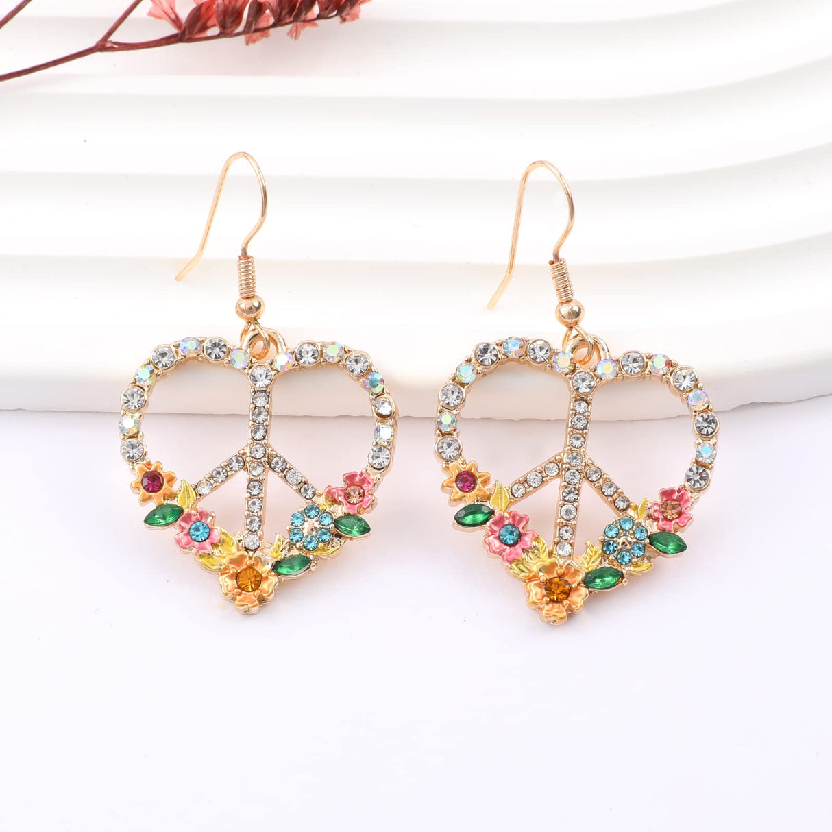 Peace Sign Earrings, 70s Hippie Earrings, Boho Heart Flower Diamond Drop Earrings for Women, Zirconia Love Heart Pendant Dangle Peace Earring, Rose Gold Chain Birthday Valentines Day Jewelry Gifts