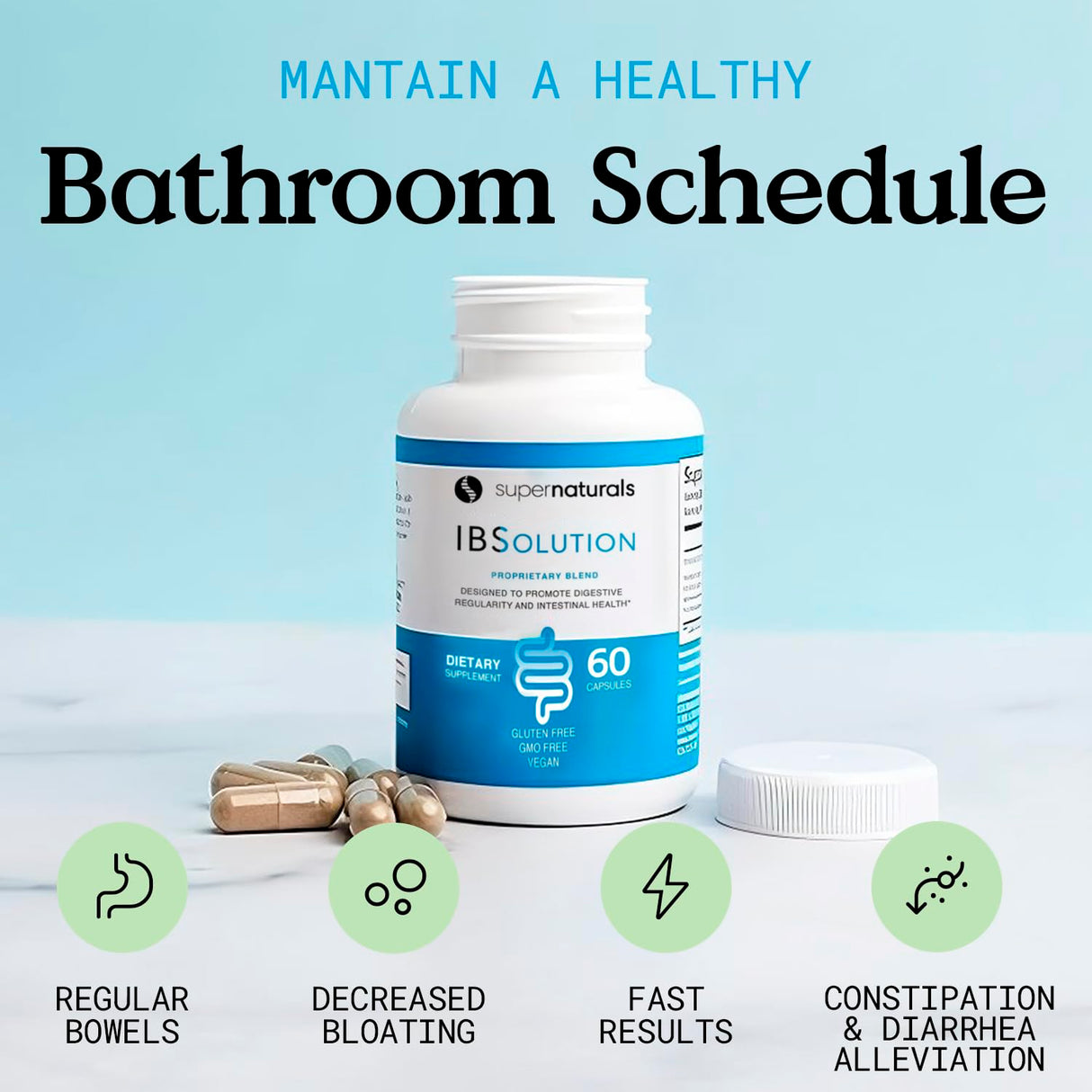 JLM NUTRITIONALS Supernaturals IBSolution - Support for Bloating, Constipation, Diarrhea, and Gas, Bowel Support Digestion Supplement, Vegan, 60 Count