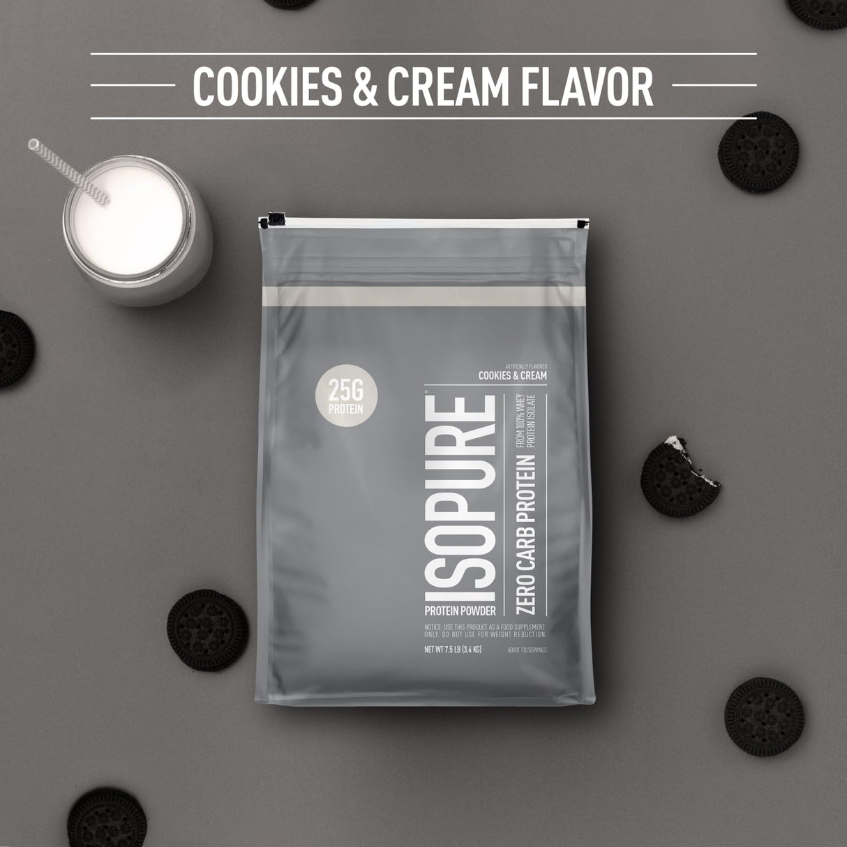 Isopure Zero Carb 100% Pure Whey Isolate Protein Powder, Lactose Free, Gluten Free, With Vitamins, Cookies & Cream, 25g Protein Per Serving, 7.5 Lbs, 110 Servings (Packaging May Vary)