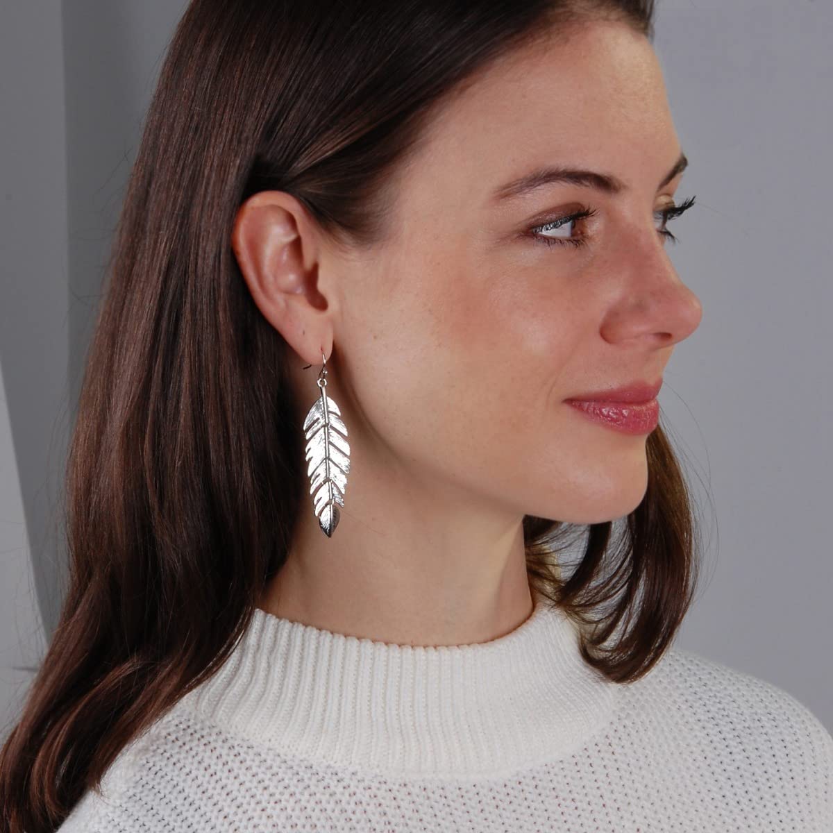 Floating Feathers Dangle Earrings - Silver Tone Long Hanging Leaf Drops