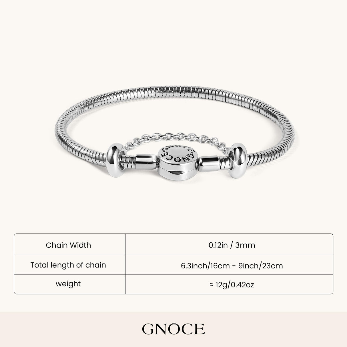 GNOCE Stainless Steel Snake Chain Charm Bracelet W/Safety Gift for Women(7.5in)