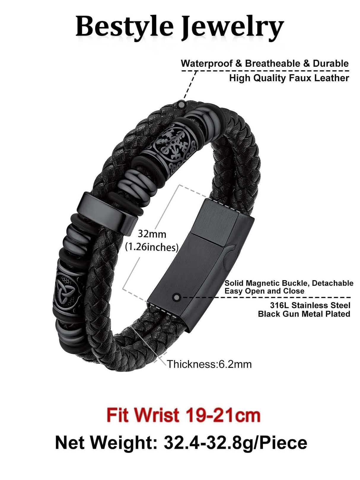 Bestyle Lucky Viking Celtic Bracelet Black Bracelet for Men Double Layer Black Leather Cuff Bracelet, Fashion Punk Retro Men Wristband Leather Bracelet Great Gift for Father Husband, 21cm/8.3 Inch