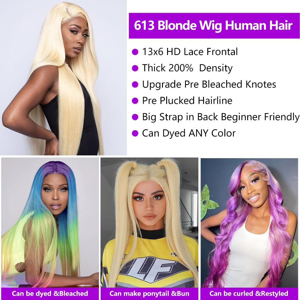 32 Inch 613 13x6 Lace Front Wig Human Hair 200 Density Blonde Straight Lace Front Wigs Human Hair Blonde Wig Human Hair Pre Plucked 613 HD Lace Frontal Wigs Human Hair For Women 613 Human Hair wig
