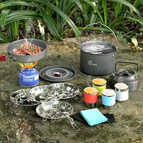 Odoland 22pcs Camping Cookware Mess Kit, Large Size Hanging Pot Pan Kettle with Base Cook Set for 4, Cups Dishes Forks Spoons Kit for Outdoor Camping Hiking Picnic