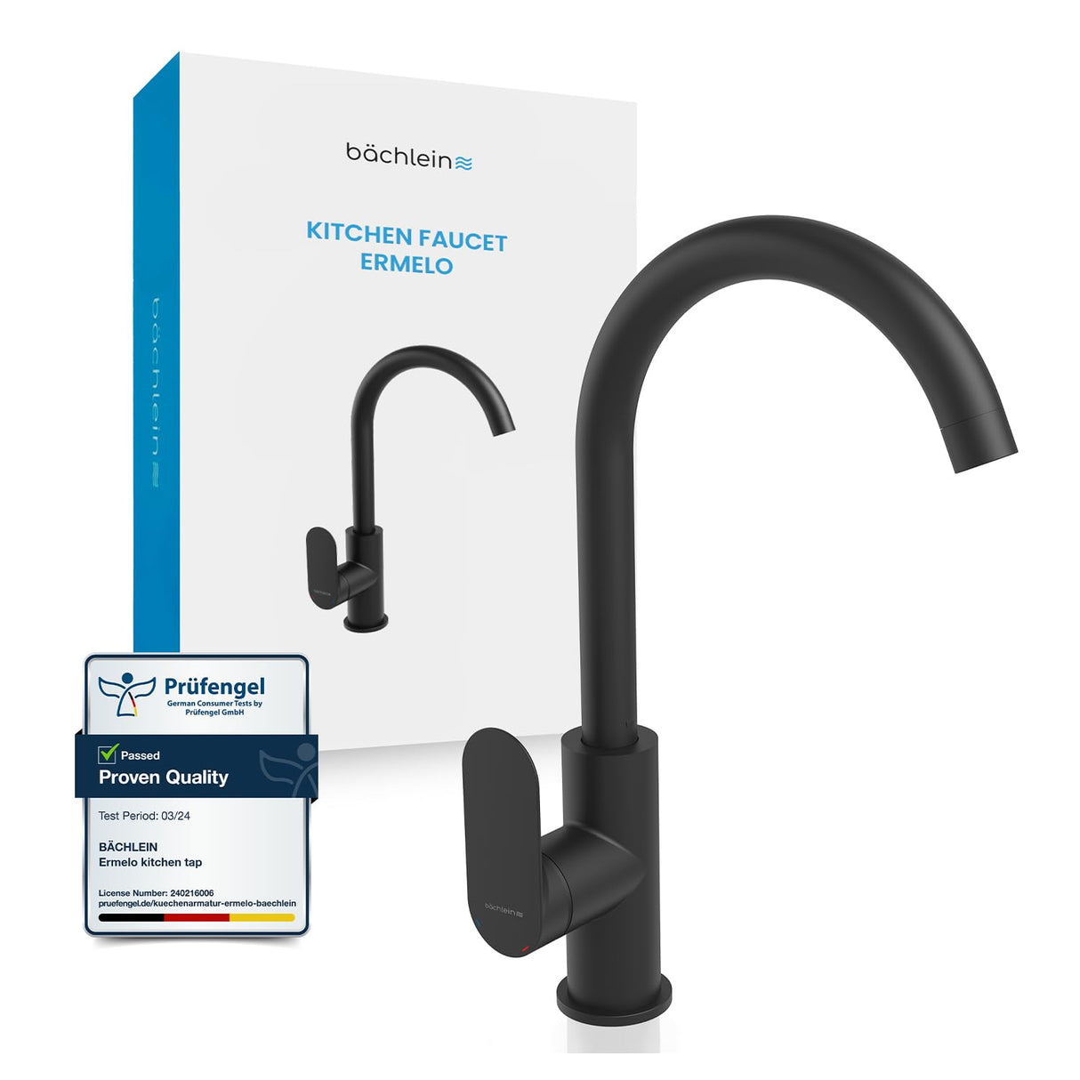 Bächlein Kitchen Faucet Matt Black - Sink Tap with 360° Swivel Spout, Modern Water Tap