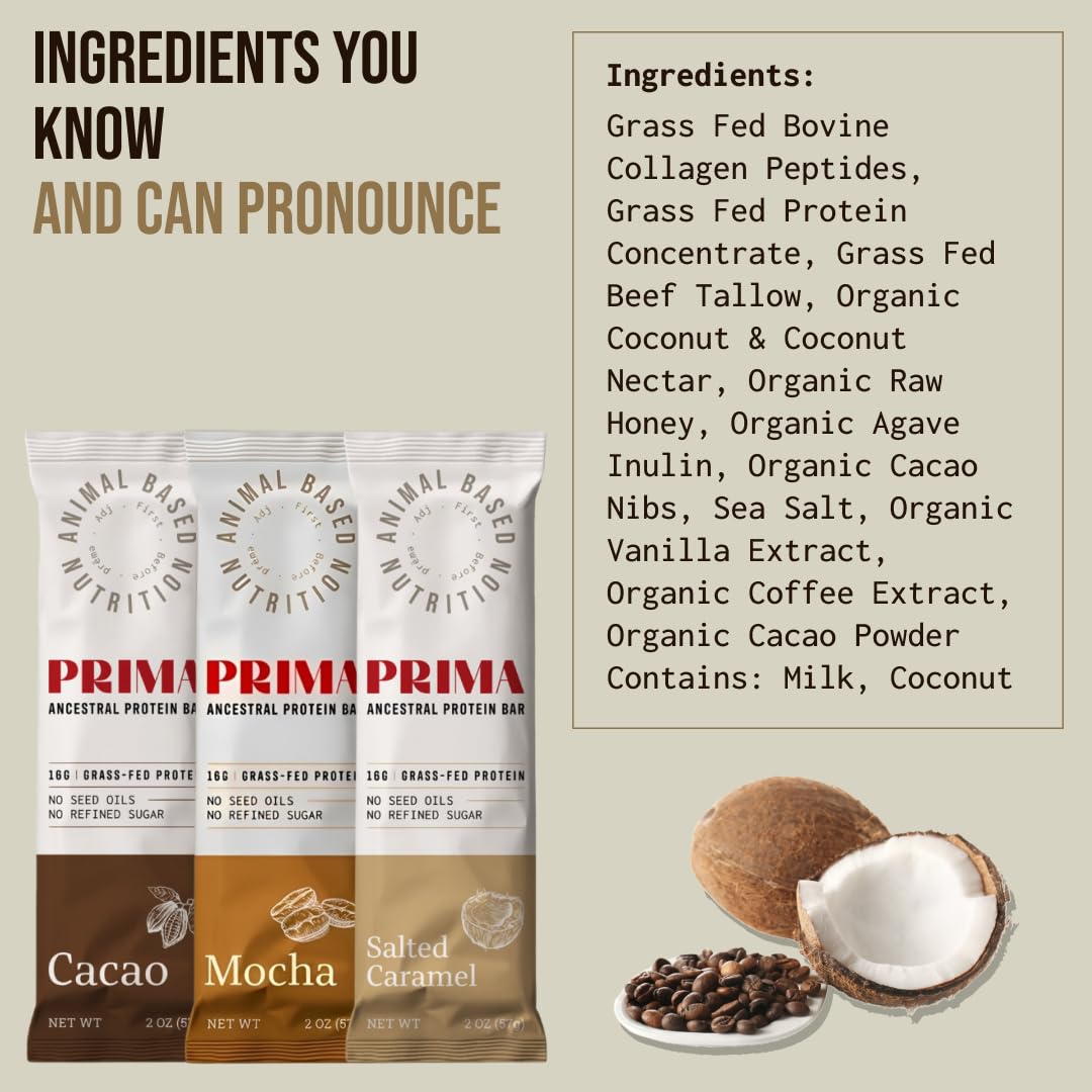 PRIMA ANCESTRAL PROTEIN BAR Grass Fed Protein Bars, 7 Pack – Animal-Based Protein Bar with Beef Tallow, Raw Honey, Seed Oil Free, Low Carb, Gluten-Free – Healthy, Energy Snacks for Clean Lifestyle (7 Pack, Variety Pack)