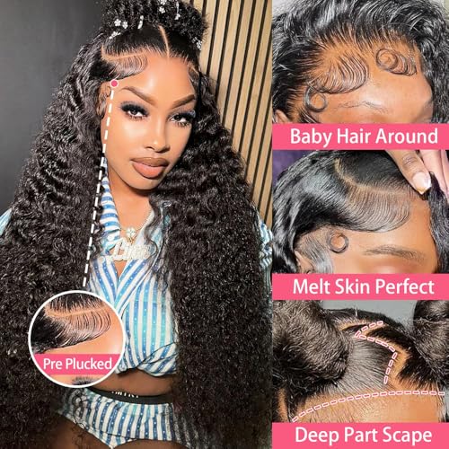 30 Inch Deep Wave Lace Front Wigs Human Hair 200% Density 13x6 HD Transparent Lace Front Wigs Pre Plucked Deep Curly Human Hair Wigs for Women Deep Wave Frontal Wig with Baby Hair Natural Color