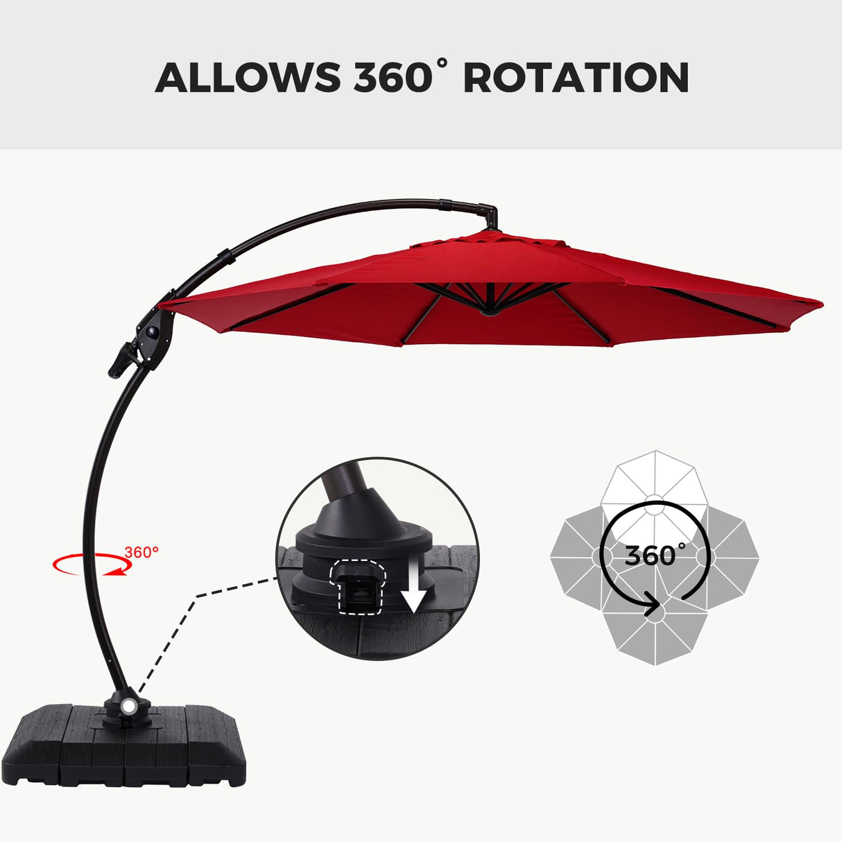 Grand patio Napoli 11 FT Cantilever Offset Umbrella Aluminum Frame with 360° Rotation without Base, Red