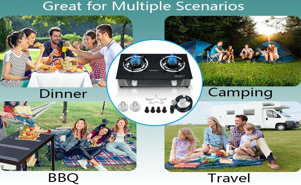 Propane Stove 2 Burner Gas Stove Auto Ignition 26000 BTU Tempered Glass Propane Burner LPG with CSA Hose for Outdoor Cooking, Emergency