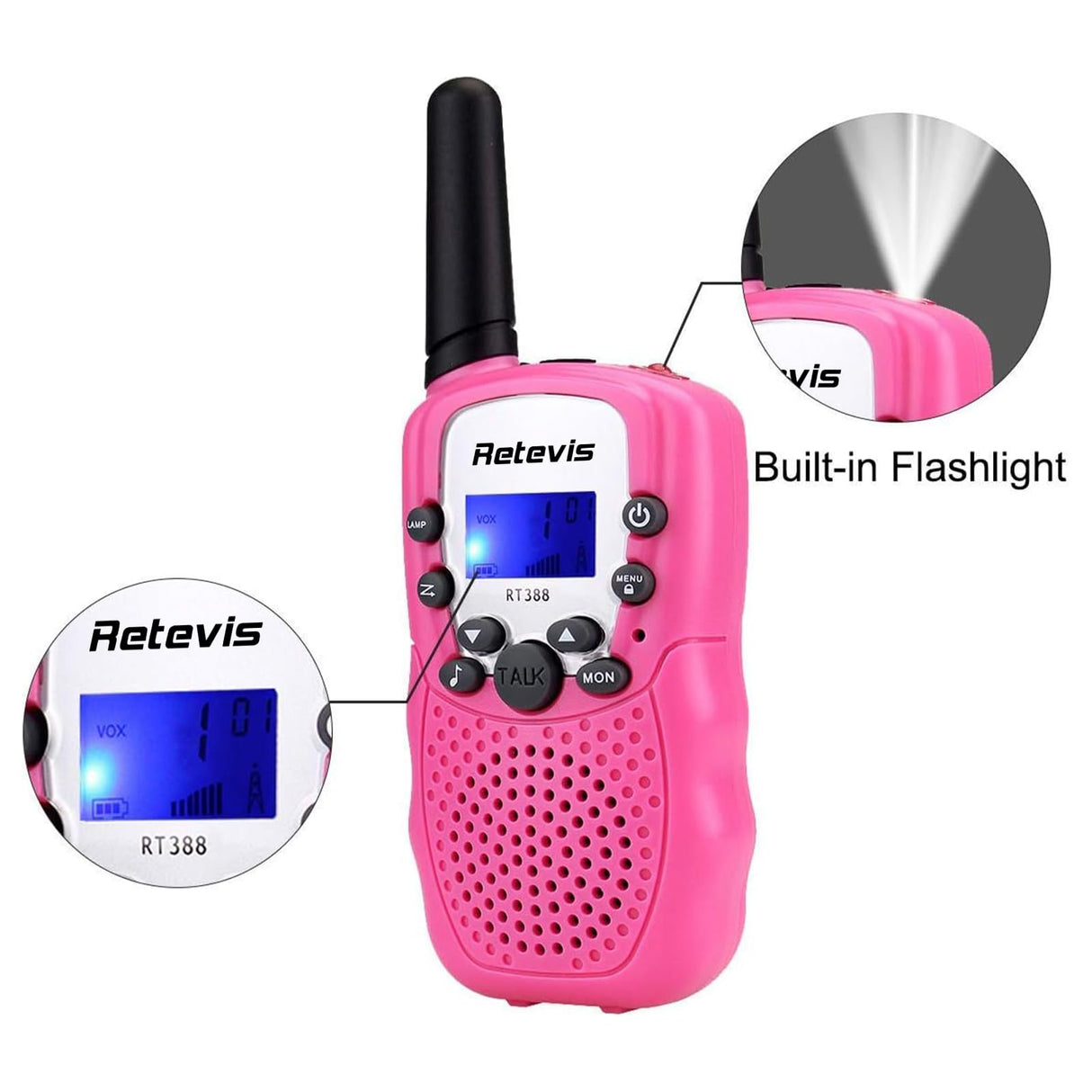 Retevis RT-388 Kids Walkie Talkies for Girls Boys,6-12 Year Old Kids' Toys,22 CH LCD Flashlight,Christmas Halloween Gifts,Camping Outdoor(Pink,2 Pack)