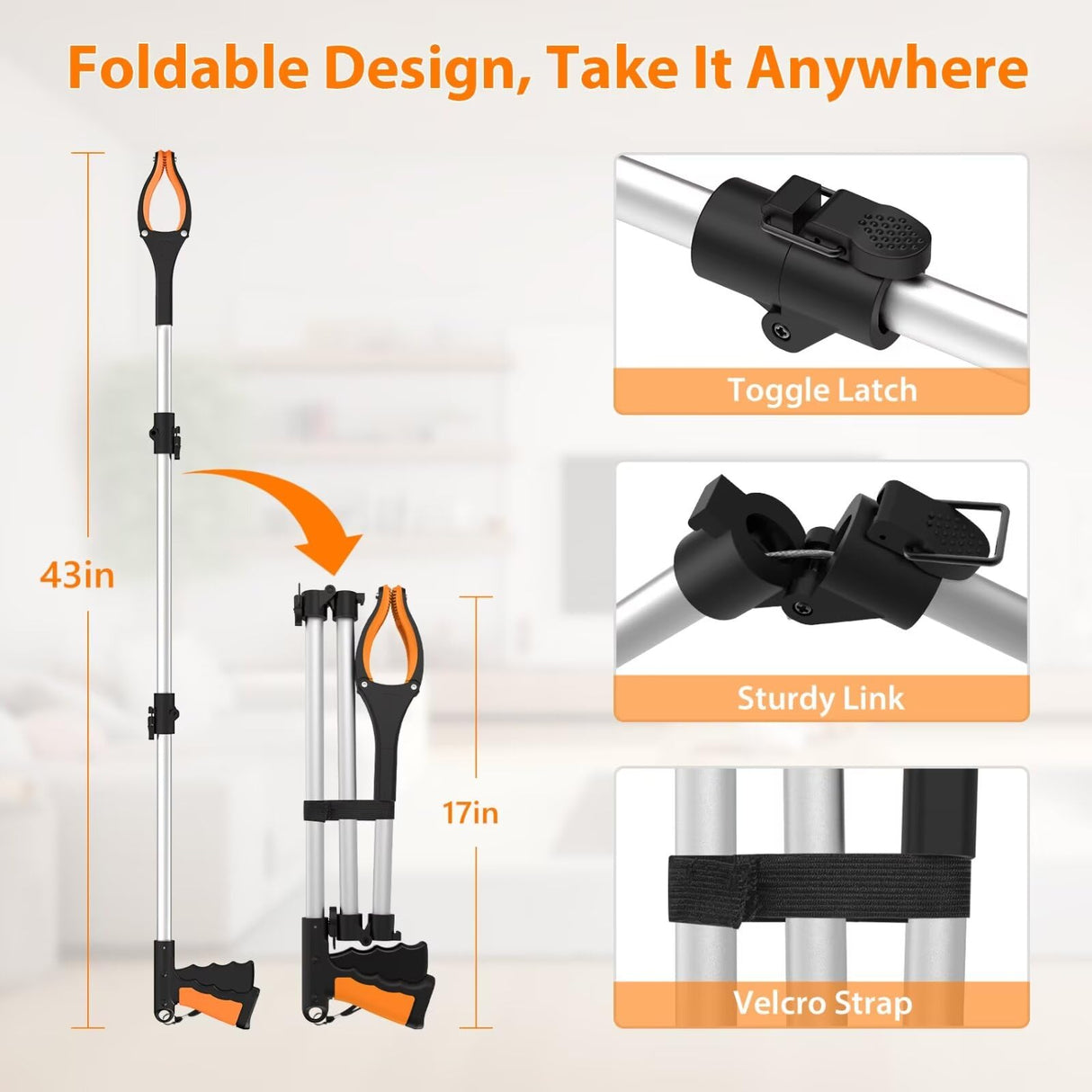 2-Pack 43" Extra Long Grabber Reacher Tool, Foldable Reacher Grabber Pickup Tool with 360° Rotating Jaw + Magnets, 4" Wide Claw Opening Trash Picker Upper Grabber, Grabbers for Seniors Heavy Duty