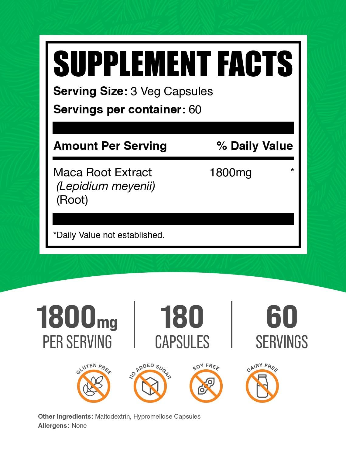 BulkSupplements.com Maca Root Capsules - Maca Supplement, Herbal Supplement, Superfood Supplement - Vegan & Gluten Free, 3 Veg Capsules per Serving, 180 Count (Pack of 1)