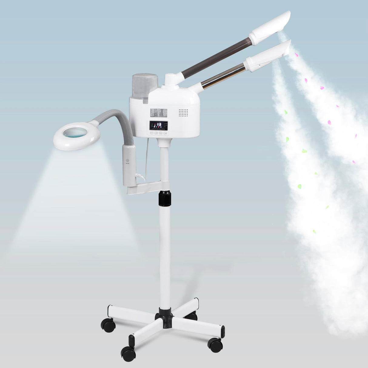 BBBuy Professional 3 in 1 Facial Steamer Deep Cleaning Ozone Facial Steamer with 5X Magnifying Light & Rolling Wheels Hot/Cold Mist Function for Salon Spa Home Beauty Equipment, White