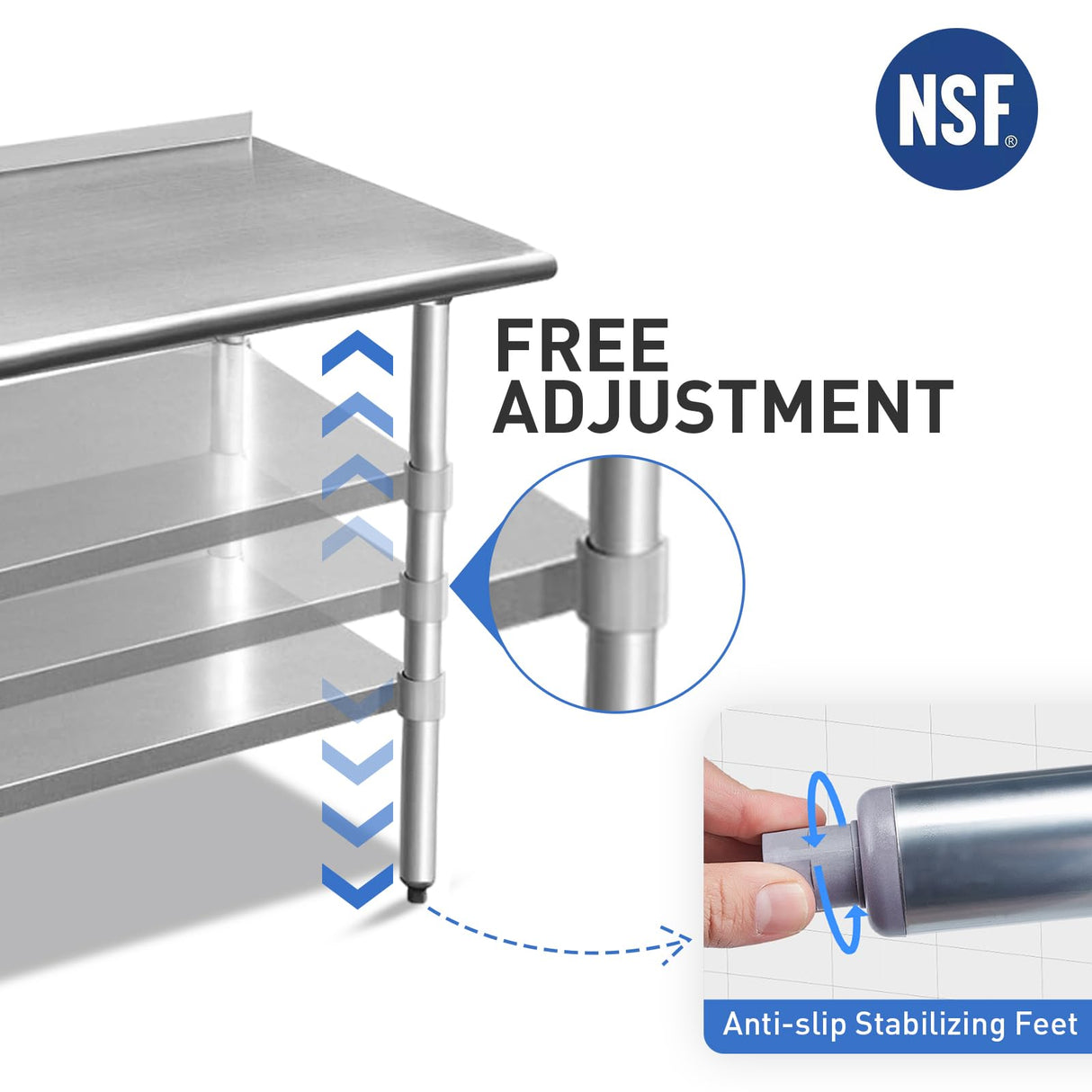 ROCKPOINT Stainless Steel Table for Prep & Work with Backsplash 18x36 Inches, NSF Metal Commercial Kitchen Heavy Duty Table with Adjustable Under Shelf and Table Foot for Restaurant, Home and Hotel