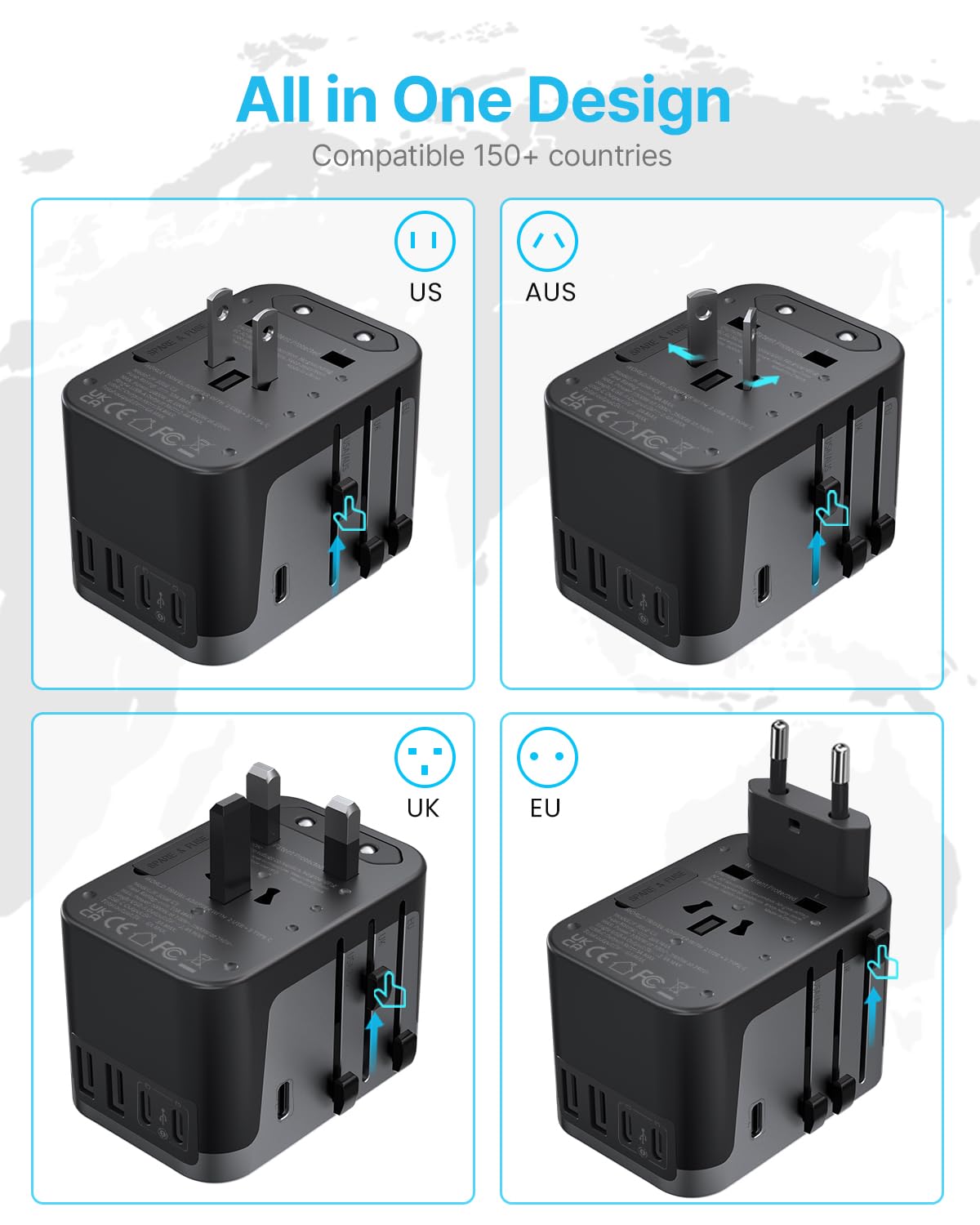 Universal Travel Adapter, VINTAR 35.5W International Power Adapter with 3 USB A QC and 2 USB C PD, All in One Plug Adapter Worldwide Travel Essentials for EU/UK/USA/AUS(Type C/G/A/I), Black
