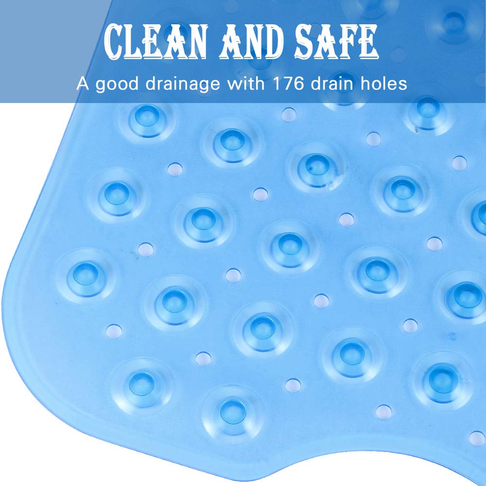 YINENN Bath and Shower Safety Mats 40x16 inch, Non Slip with Suction Cups for Bathroom Stall and Tub Floor, Extra Large and Machine Washable, Drain Holes Keep Bathtub Clean, Blue