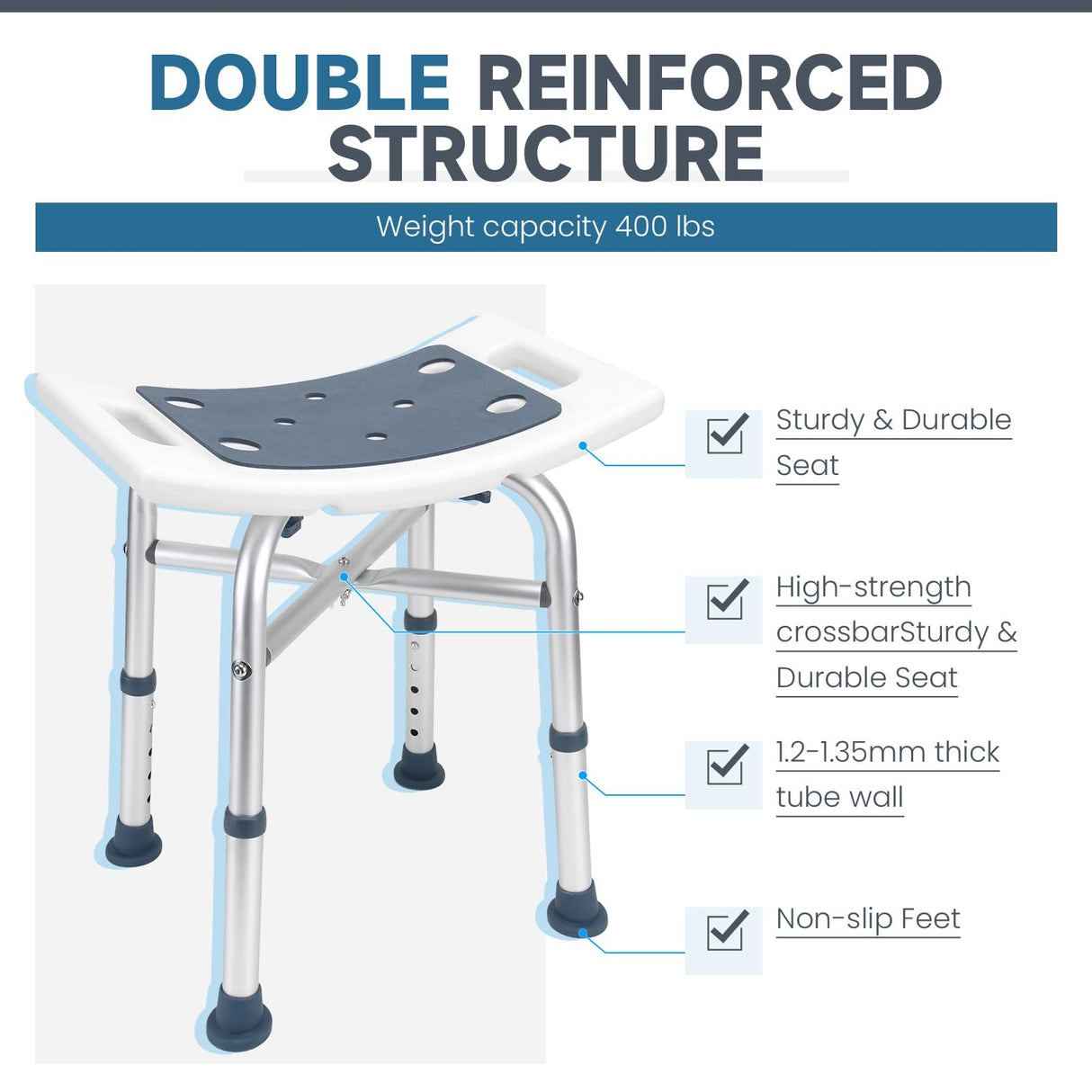 Heavy Duty Shower Chair for Inside Shower, Height Adjustable Shower Seat, Tool-Free Assembly Tub Chair, Handicap Shower Bench, Bath Stool for Senior, Elderly & Adults