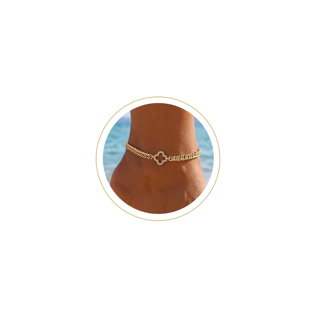 Moodear Gold Ankle Bracelets for Women Waterproof - Trendy 14K Gold Plated Anklets for Women Chunky Cuban Link with CZ Clover Charm Anklet Bracelet Non Tarnish Summer Beach Jewelry Gifts