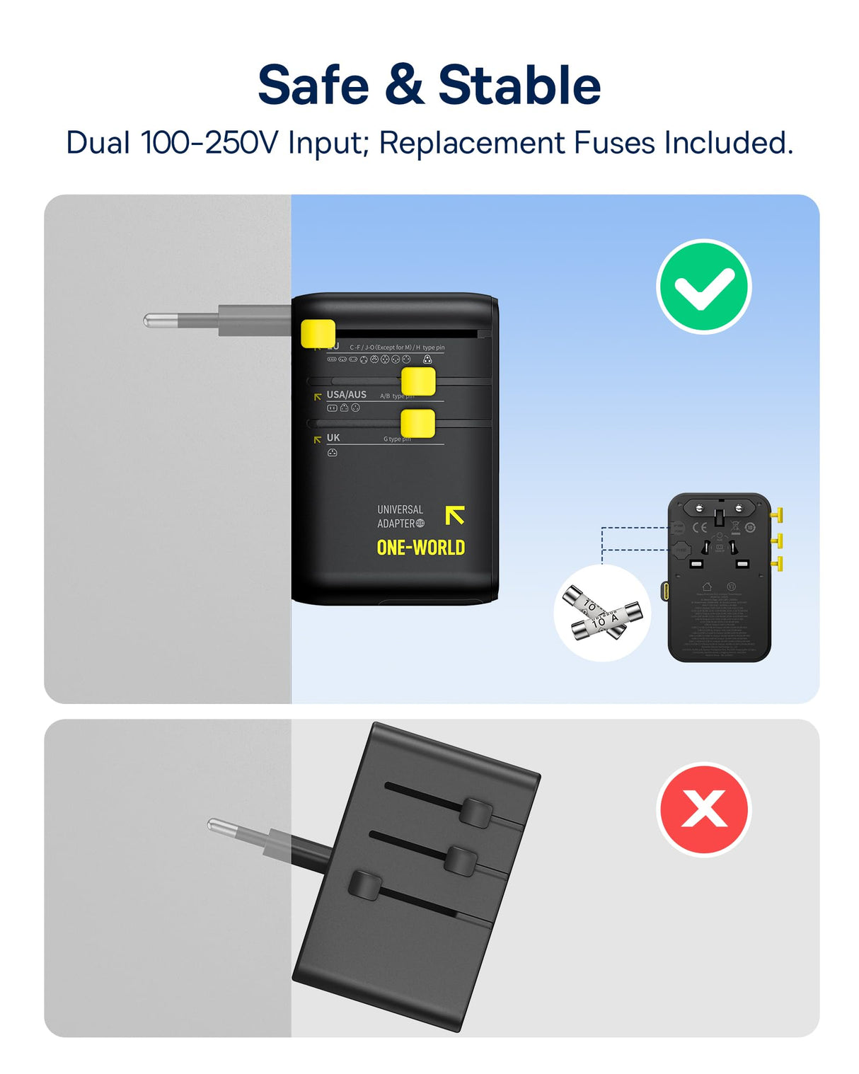 Baseus 70W Universal Travel Adapter, 6-in-1 International Plug Adapter with Retractable Cable, USB-C PD Fast Charging Worldwide Wall Charger for USA/EU/UK/AUS and Over 200 Countries - Enercore CG11