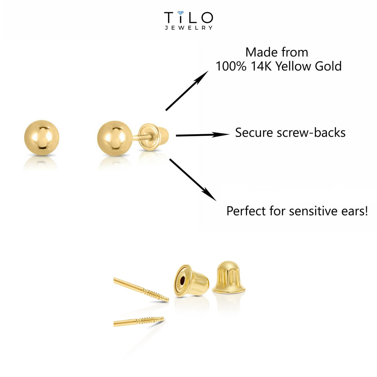 14k Yellow Gold Ball Stud Earrings with Secure Screw-backs (3mm)…