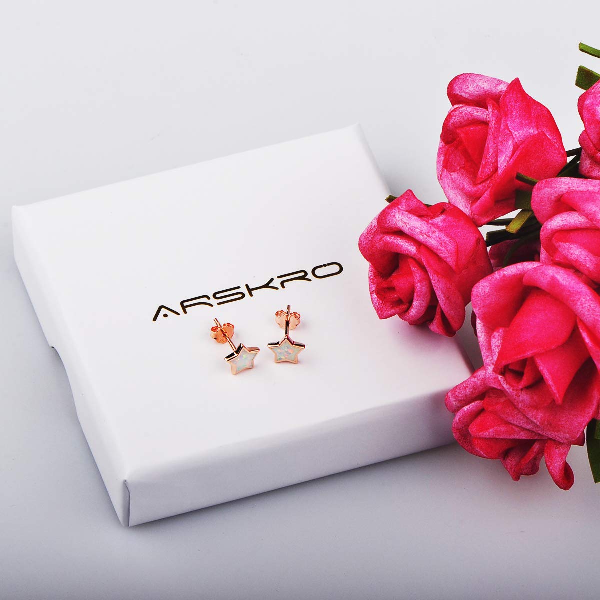 Rose Gold Plated Star Earrings for Girls, Hypoallergenic Fire Opal Stud Earrings For Women ARSKRO S925 Sterling Silver Post Little Small Cute Earring Jewelry Gifts for Sensitive Ears Kids