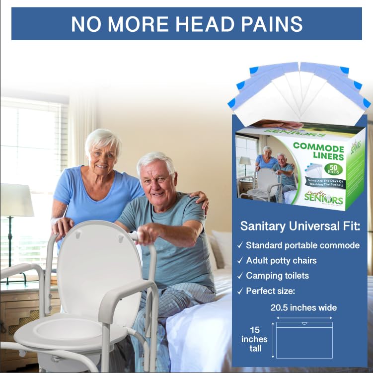 Commode Liners - 50 Strong Portable Toilet Bags - Easy to Use Bedside Commode Liners Disposable - Toilet Liners That Support Dignity of Seniors & Disabled - No More Buckets to Wash - NO Absorbent Pad