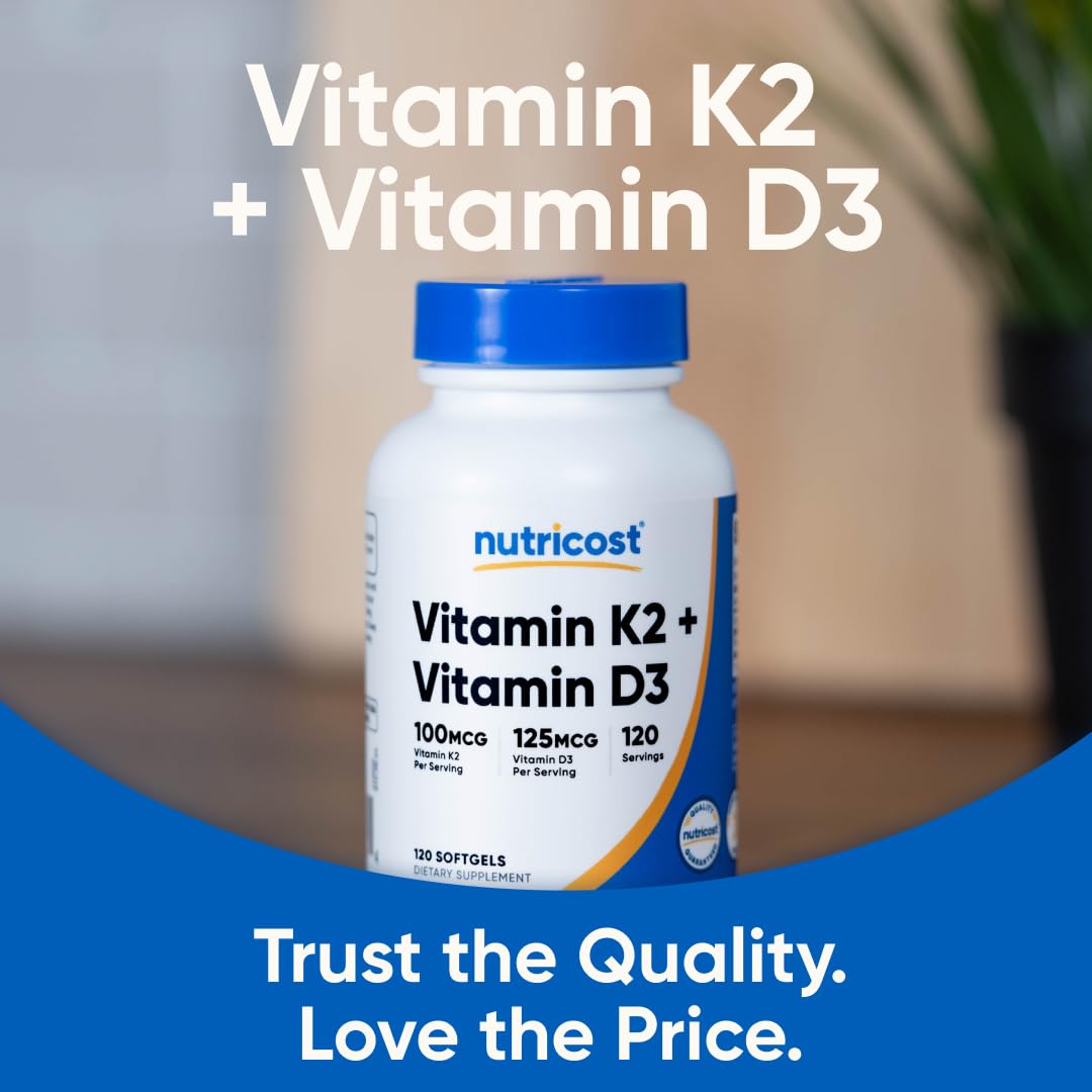 Nutricost Vitamin K2 (MK7) (100mcg) + Vitamin D3 (5000 IU) 120 Softgels - Gluten Free and Non-GMO (Pack of 2)