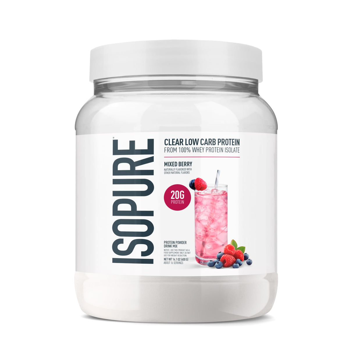 Isopure Clear Whey Isolate Protein Powder, Lactose Free, Gluten Free, Naturally Flavored, Mixed Berry, 20g Protein Per Serving, 14.1 Oz, 16 Servings (Packaging May Vary)