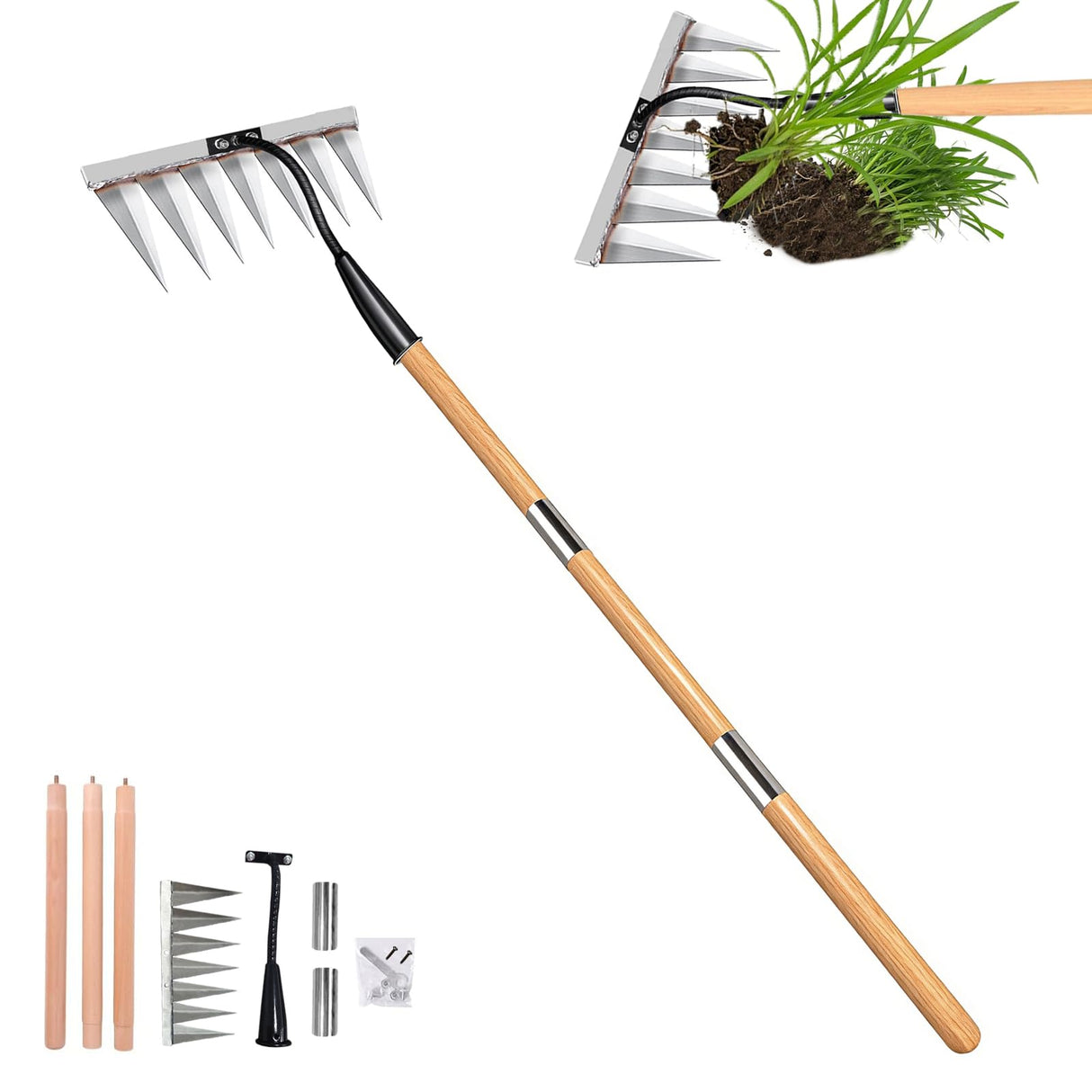 Garden Weeding Rake, Heavy Duty Iron Weeding Rake Gardening Tool with 55 Inch Long Handle, All-Steel Hardened Weed Puller Tool, Manual Garden Weed Rake Tool for Yard, Lawn Loosening Planting Weeding