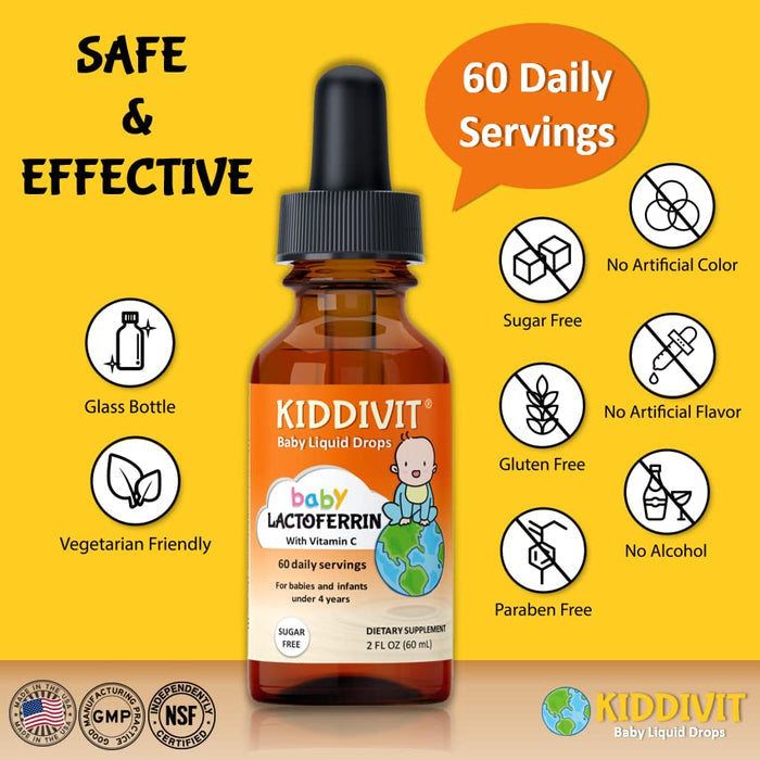 Kiddivit Baby Lactoferrin Liquid Drops - 60 Daily Servings, 2 Fl Oz (60 mL) - Inulin Fortified (Prebiotic, Dietary Fiber) - Sugar Free, Gluten Free, Vegetarian Friendly