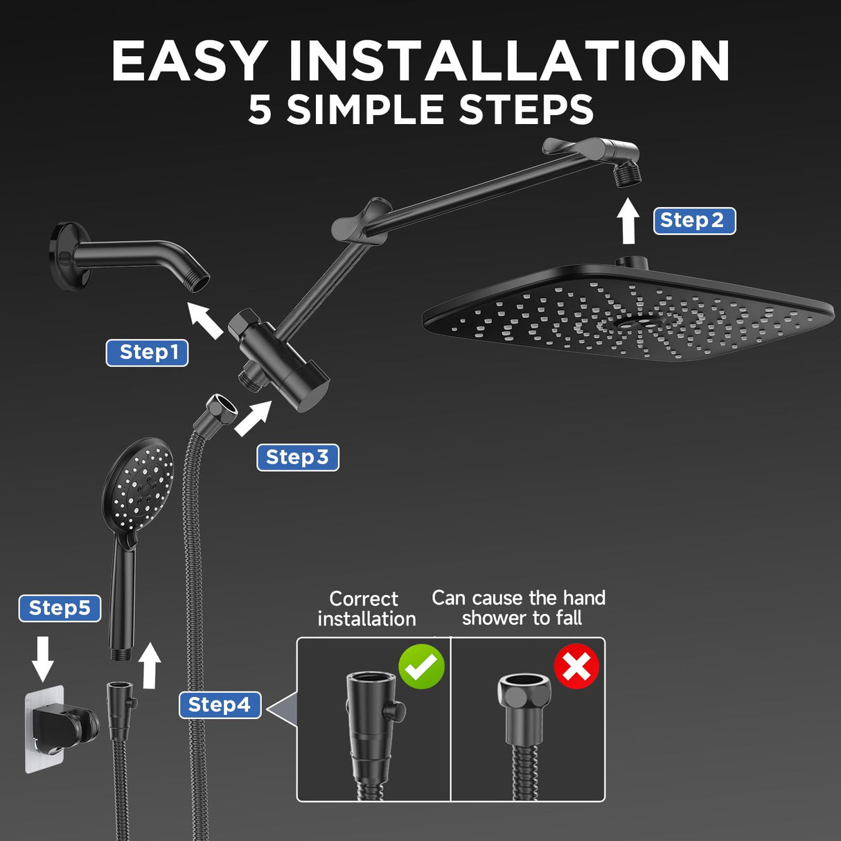 Veken Wide Rain Shower Head with Multi-Modes Handheld Water Spray,High Pressure Showerhead Combo with Arm for Bathroom Accessories,Home Decor Adjustable Dual Shower with Anti-Clog Nozzles,Matte Black