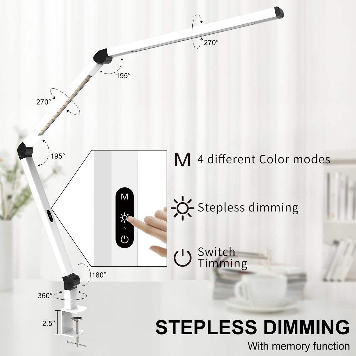Micomlan LED Desk Lamp with Clamp, Dual Light Table Lamp with Adjustable Swing Arm, Eye-Care 4 CCT Modes & 5 Brightness Levels Clip-on Architect Modern Desk Light for Home Office Crafting Sewing