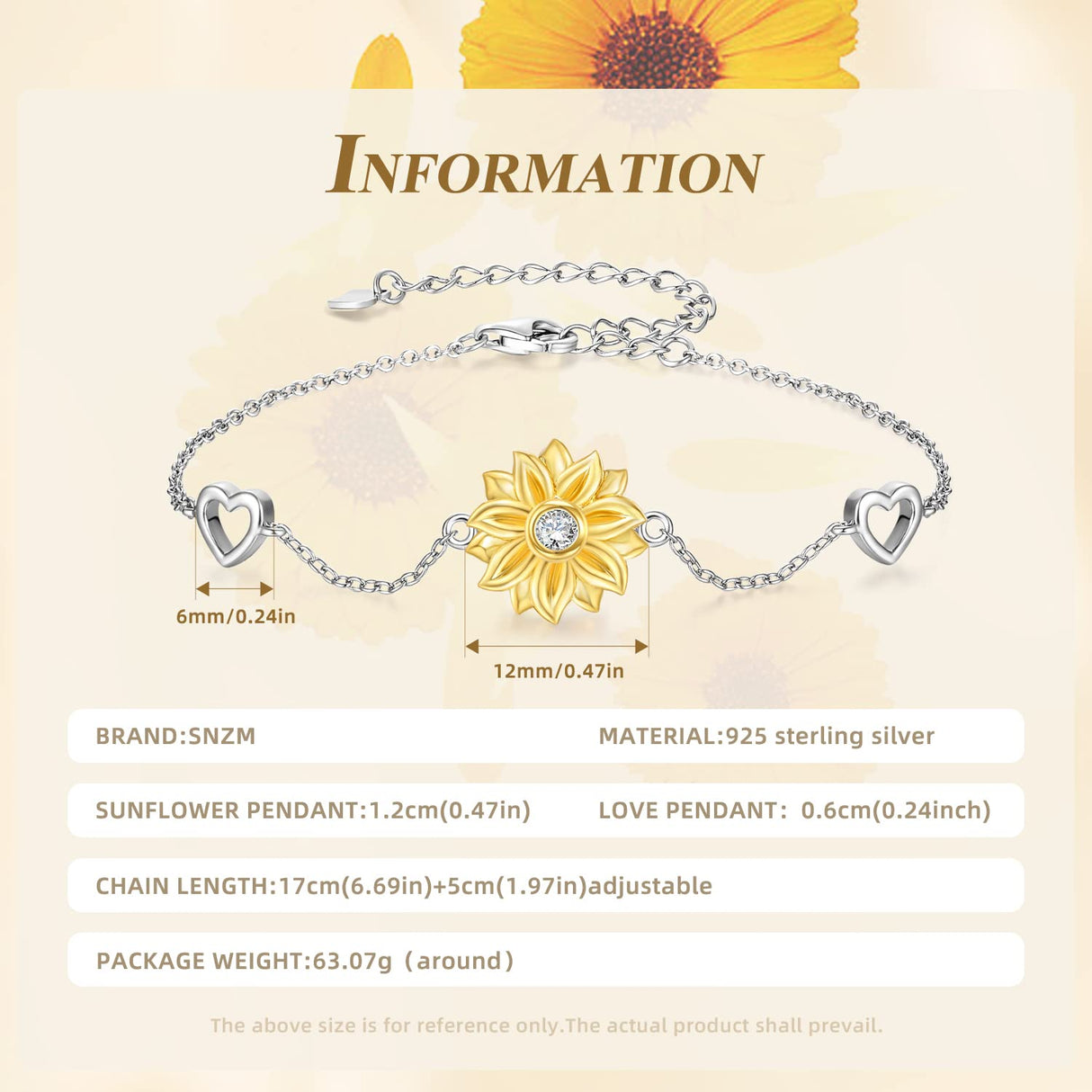 SNZM Bracelets for Women, 925 Sterling Silver Sunflower Bracelet Chain Adjustable Heart Charm Link Birthday Sunflower Jewelry for Women/Girlfriend