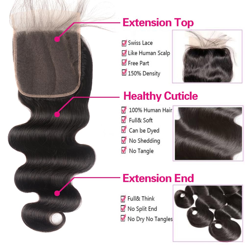 Body Wave Bundles with Closure (20 22 24+18) Brazilian Human Hair 3 Bundles with 4x4 HD Lace Closure 100% Unprocessed Virgin Hair Body Wave Bundles Human Hair Natural Color for Black Women