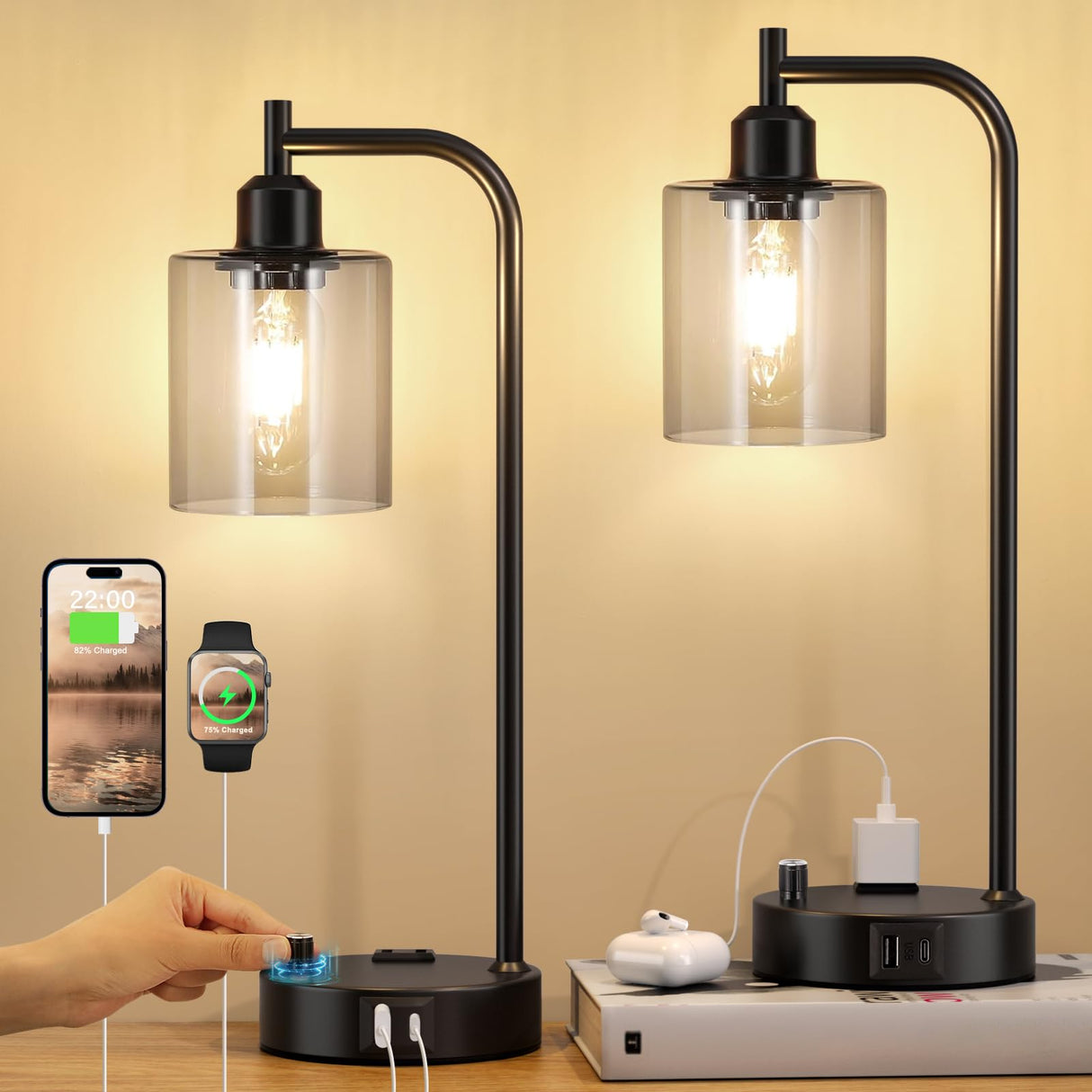 Innqoo Industrial Table Lamps for Bedrooms Set of 2 - Fully Dimmable Bedside Lamps with USB Ports and Outlet, Copper Nightstand Lamps with Glass Shade for Living Room, Desk Lamps for Office Reading