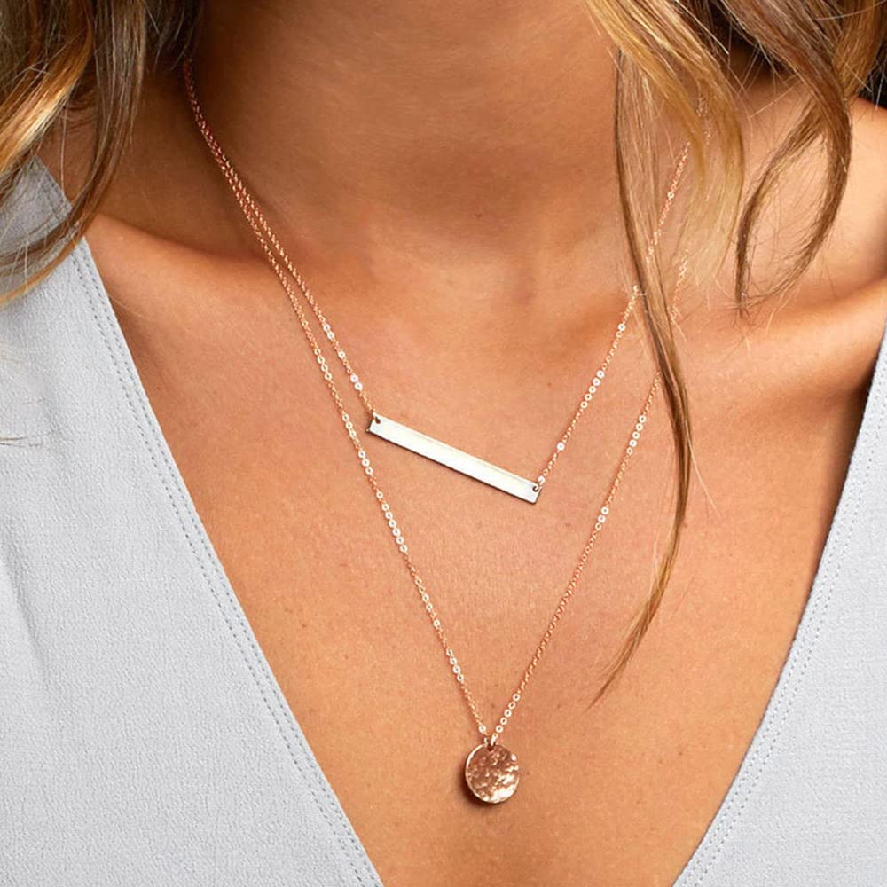 Turandoss Triple Layer Necklace for Women, Rose Pearl Bar Disc Pendant